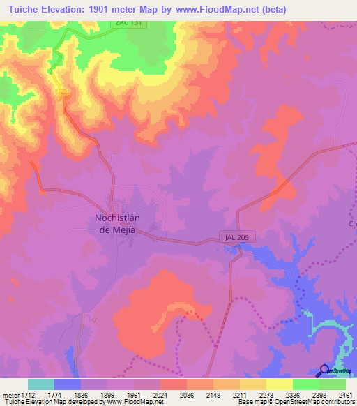 Tuiche,Mexico Elevation Map