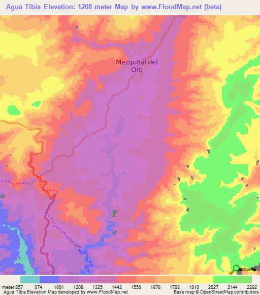 Agua Tibia,Mexico Elevation Map