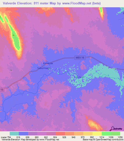 Valverde,Mexico Elevation Map