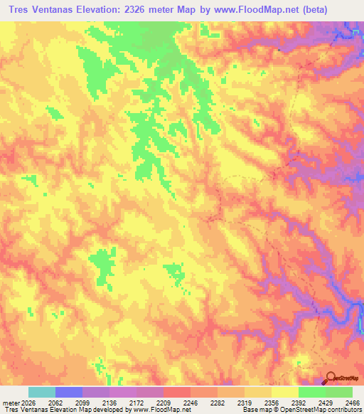 Tres Ventanas,Mexico Elevation Map