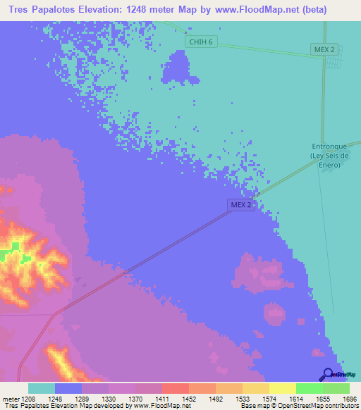 Tres Papalotes,Mexico Elevation Map