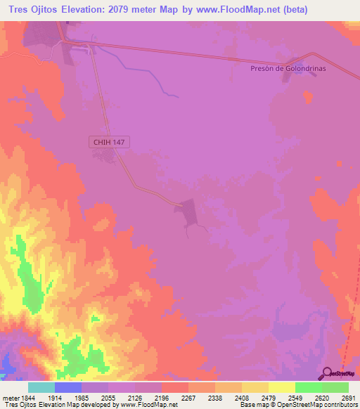 Tres Ojitos,Mexico Elevation Map