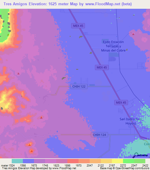 Tres Amigos,Mexico Elevation Map