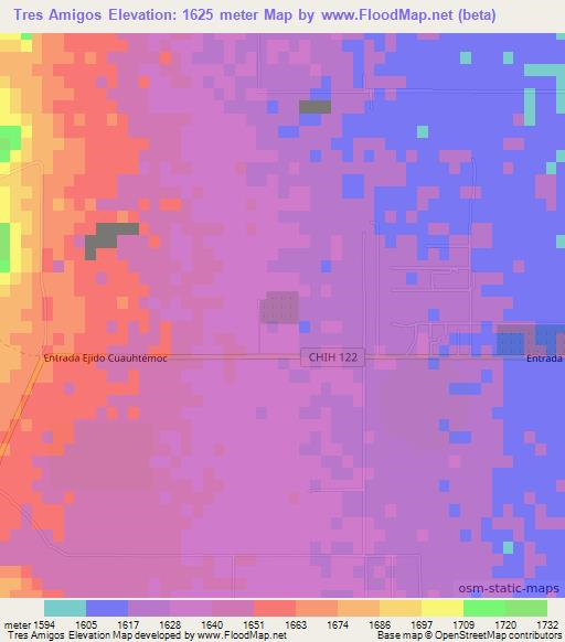 Tres Amigos,Mexico Elevation Map