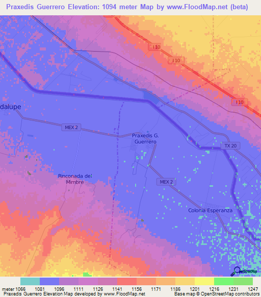 Praxedis Guerrero,Mexico Elevation Map