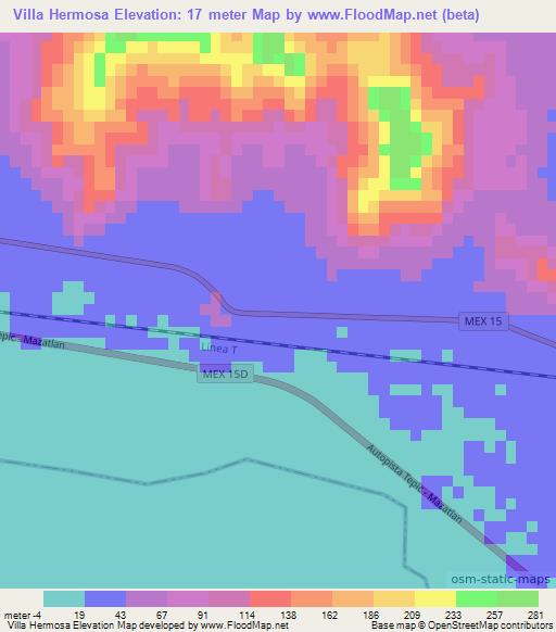 Villa Hermosa,Mexico Elevation Map