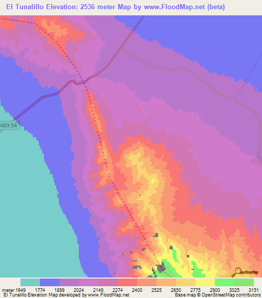 El Tunalillo,Mexico Elevation Map