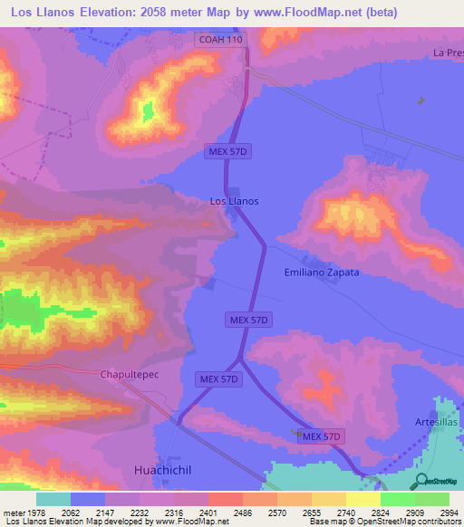 Los Llanos,Mexico Elevation Map