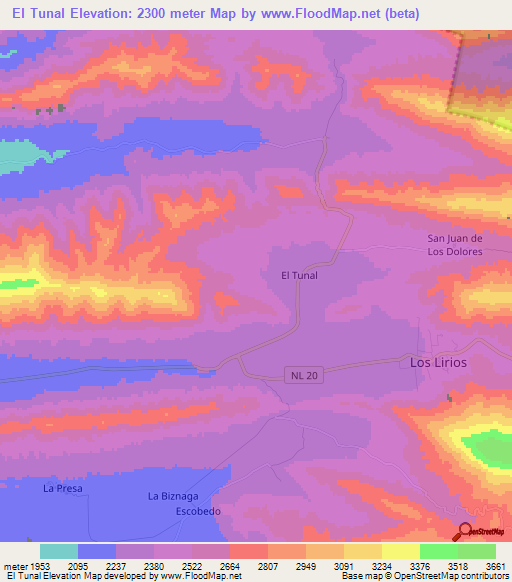 El Tunal,Mexico Elevation Map