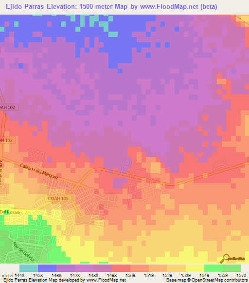 Ejido Parras,Mexico Elevation Map