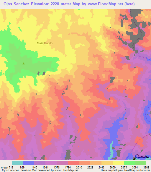 Ojos Sanchez,Mexico Elevation Map