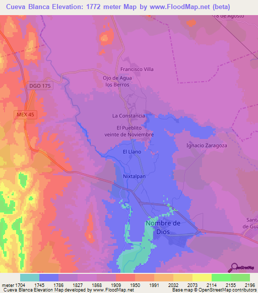 Cueva Blanca,Mexico Elevation Map