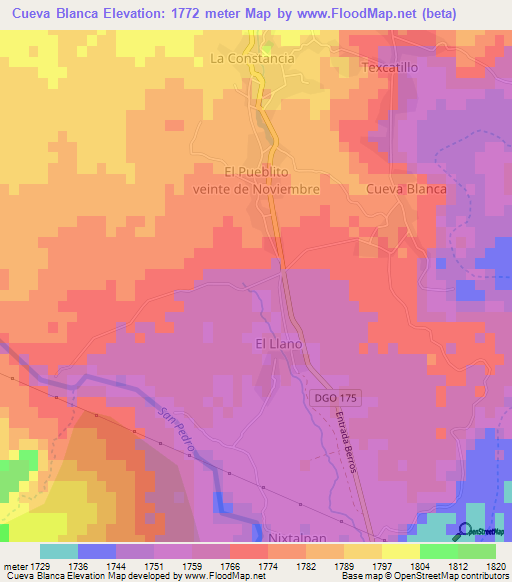Cueva Blanca,Mexico Elevation Map