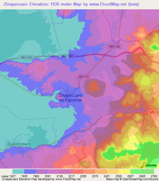 Zinapecuaro,Mexico Elevation Map