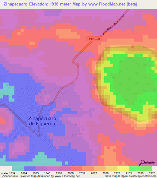 Zinapecuaro,Mexico Elevation Map