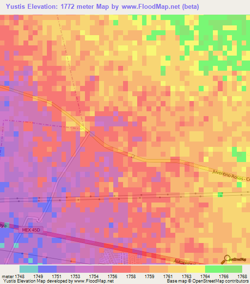 Yustis,Mexico Elevation Map