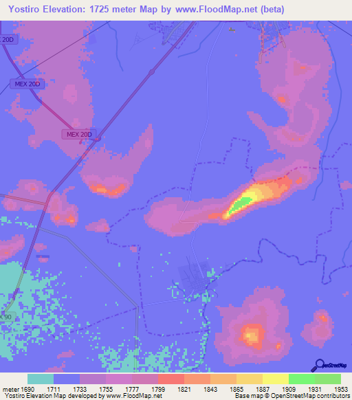 Yostiro,Mexico Elevation Map