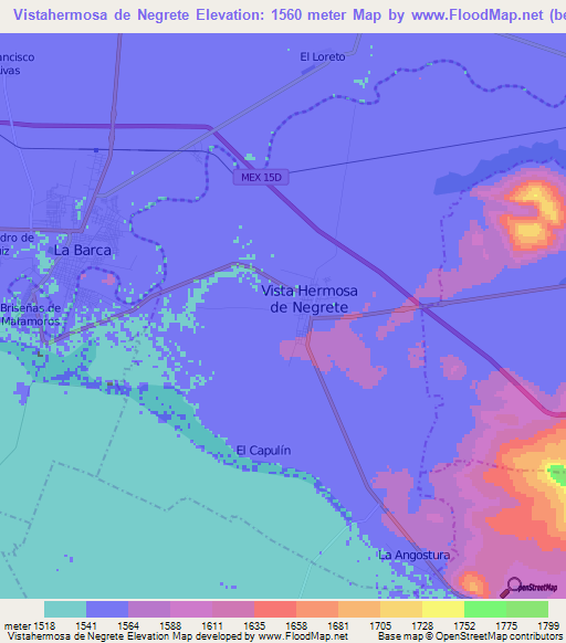 Vistahermosa de Negrete,Mexico Elevation Map