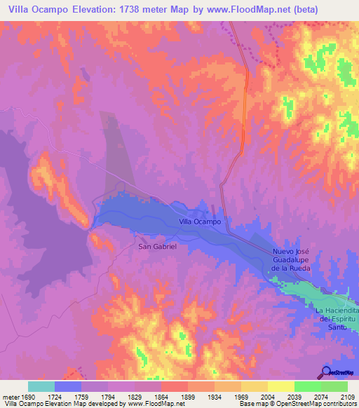 Villa Ocampo,Mexico Elevation Map