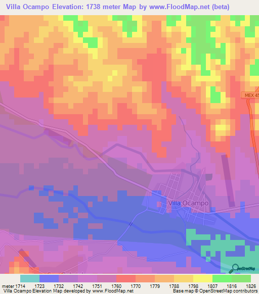 Villa Ocampo,Mexico Elevation Map