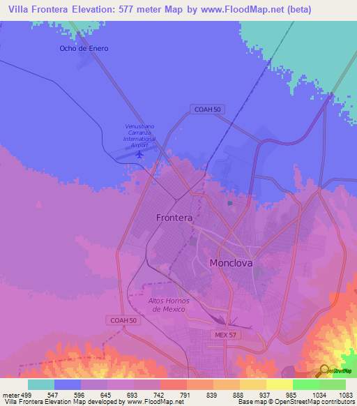 Villa Frontera,Mexico Elevation Map