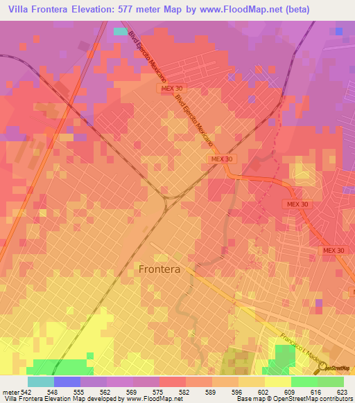 Villa Frontera,Mexico Elevation Map
