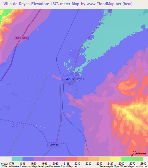 Villa de Reyes,Mexico Elevation Map