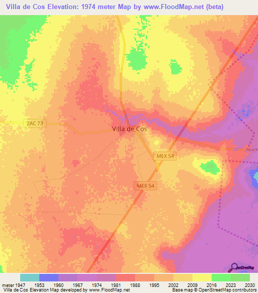 Villa de Cos,Mexico Elevation Map