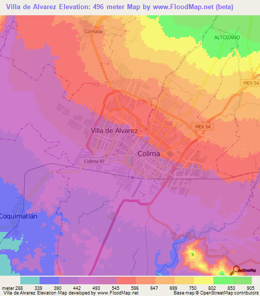 Villa de Alvarez,Mexico Elevation Map
