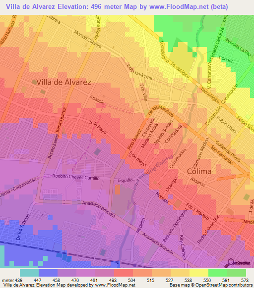 Villa de Alvarez,Mexico Elevation Map