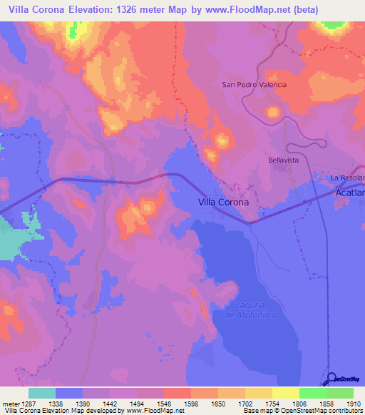 Villa Corona,Mexico Elevation Map