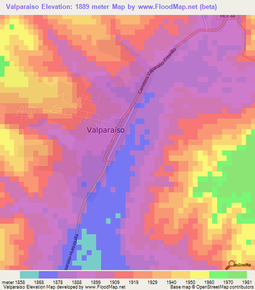 Valparaiso,Mexico Elevation Map