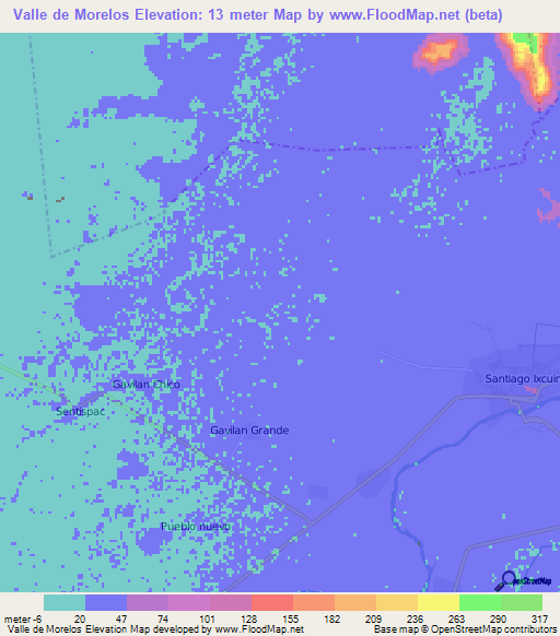 Valle de Morelos,Mexico Elevation Map