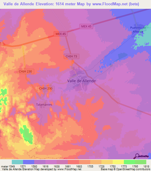 Valle de Allende,Mexico Elevation Map