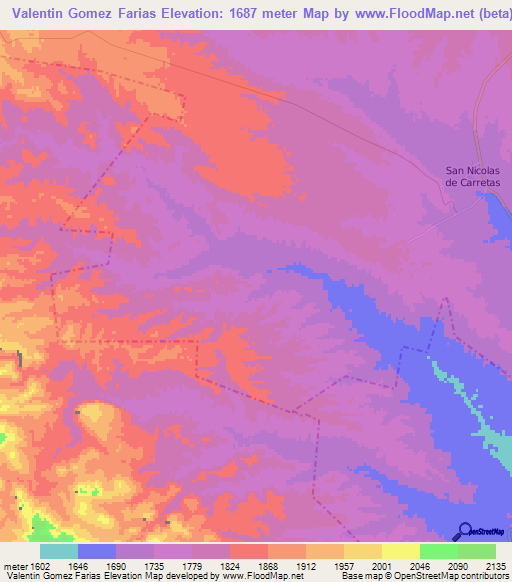 Valentin Gomez Farias,Mexico Elevation Map