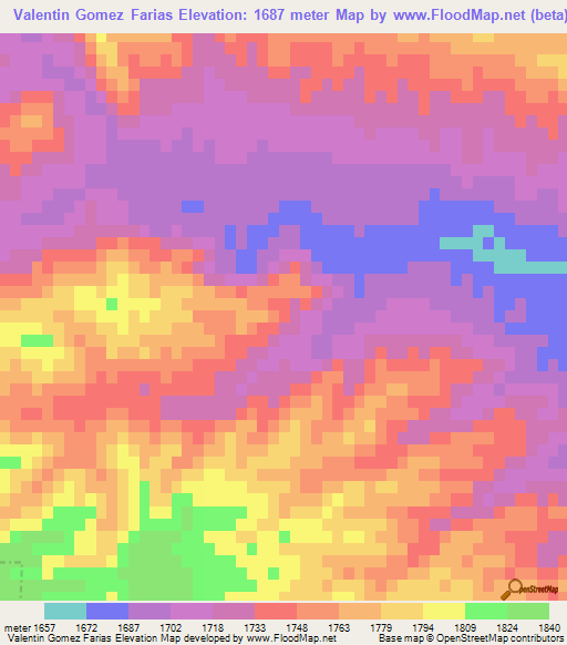 Valentin Gomez Farias,Mexico Elevation Map