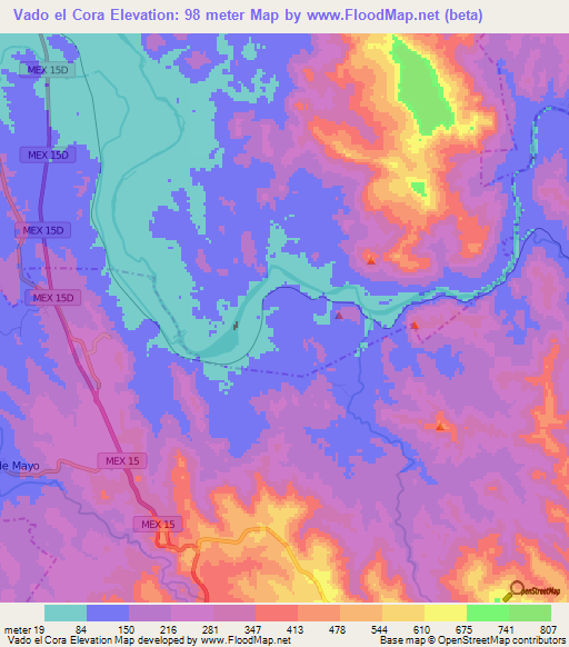 Vado el Cora,Mexico Elevation Map