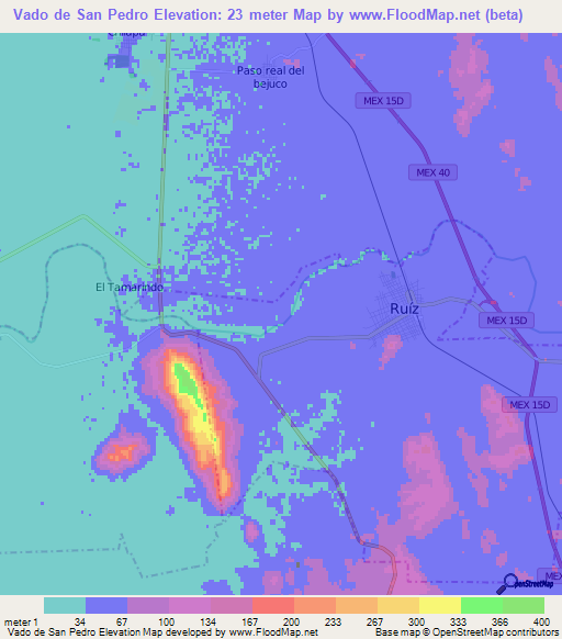 Vado de San Pedro,Mexico Elevation Map