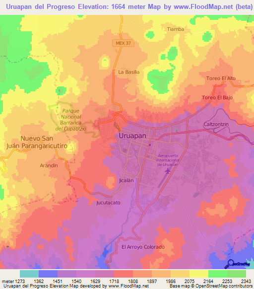 Uruapan del Progreso,Mexico Elevation Map