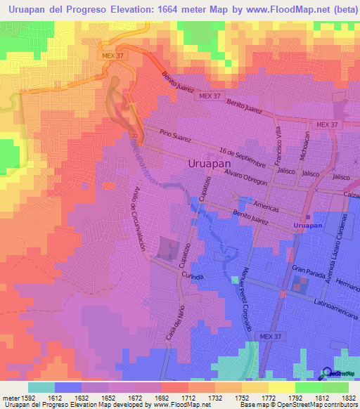 Uruapan del Progreso,Mexico Elevation Map