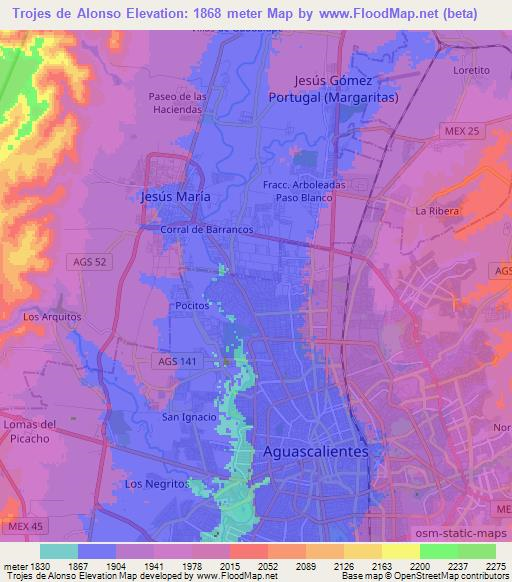 Trojes de Alonso,Mexico Elevation Map