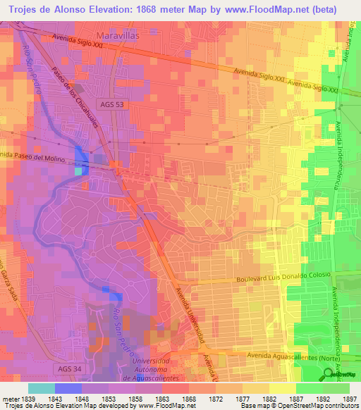 Trojes de Alonso,Mexico Elevation Map