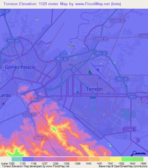 Torreon,Mexico Elevation Map