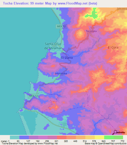 Tocha,Mexico Elevation Map