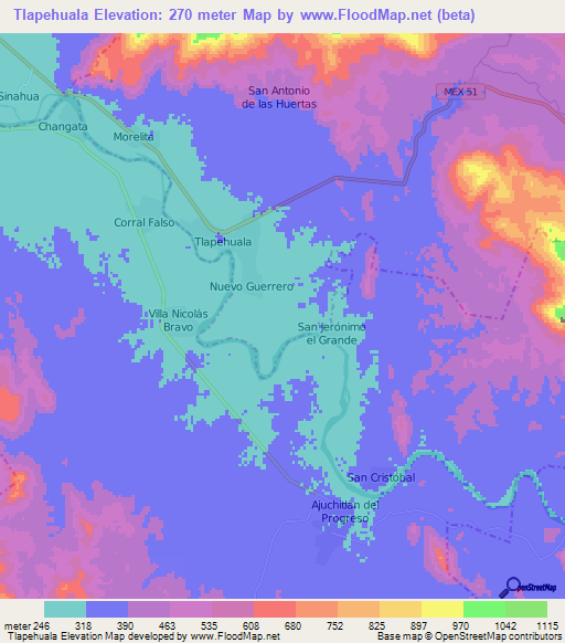 Tlapehuala,Mexico Elevation Map