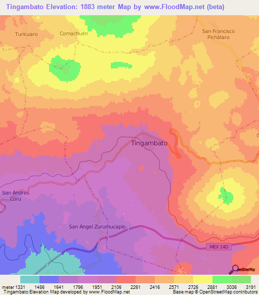 Tingambato,Mexico Elevation Map