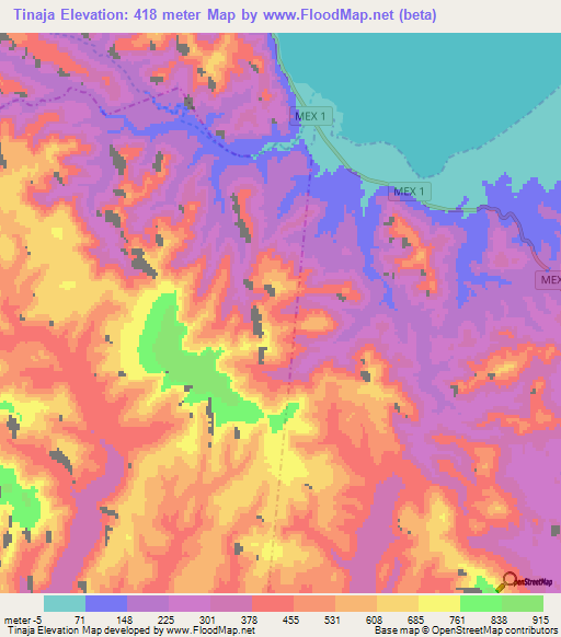 Tinaja,Mexico Elevation Map