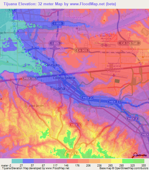 Tijuana,Mexico Elevation Map