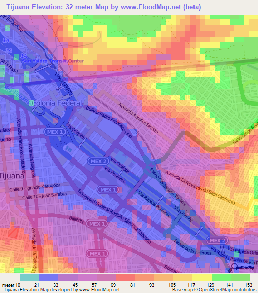 Tijuana,Mexico Elevation Map