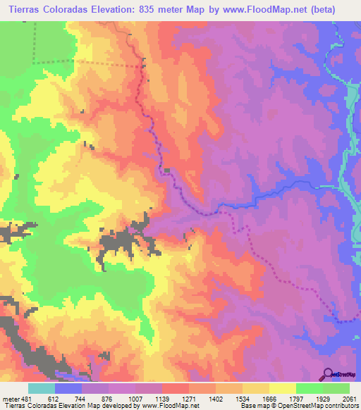 Tierras Coloradas,Mexico Elevation Map